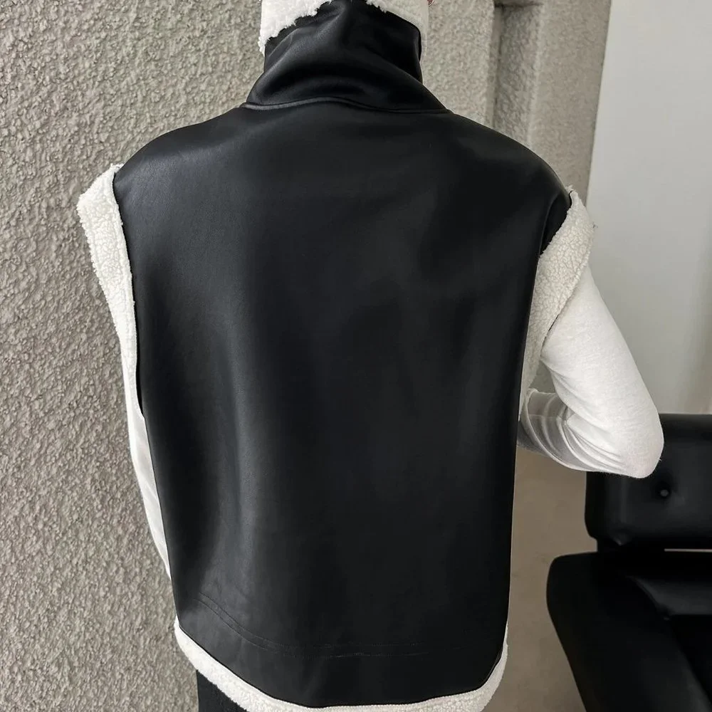 Black And White Boho Womens Contrast Trim Zip Up PU Vest Coat - Picture 3 of 6